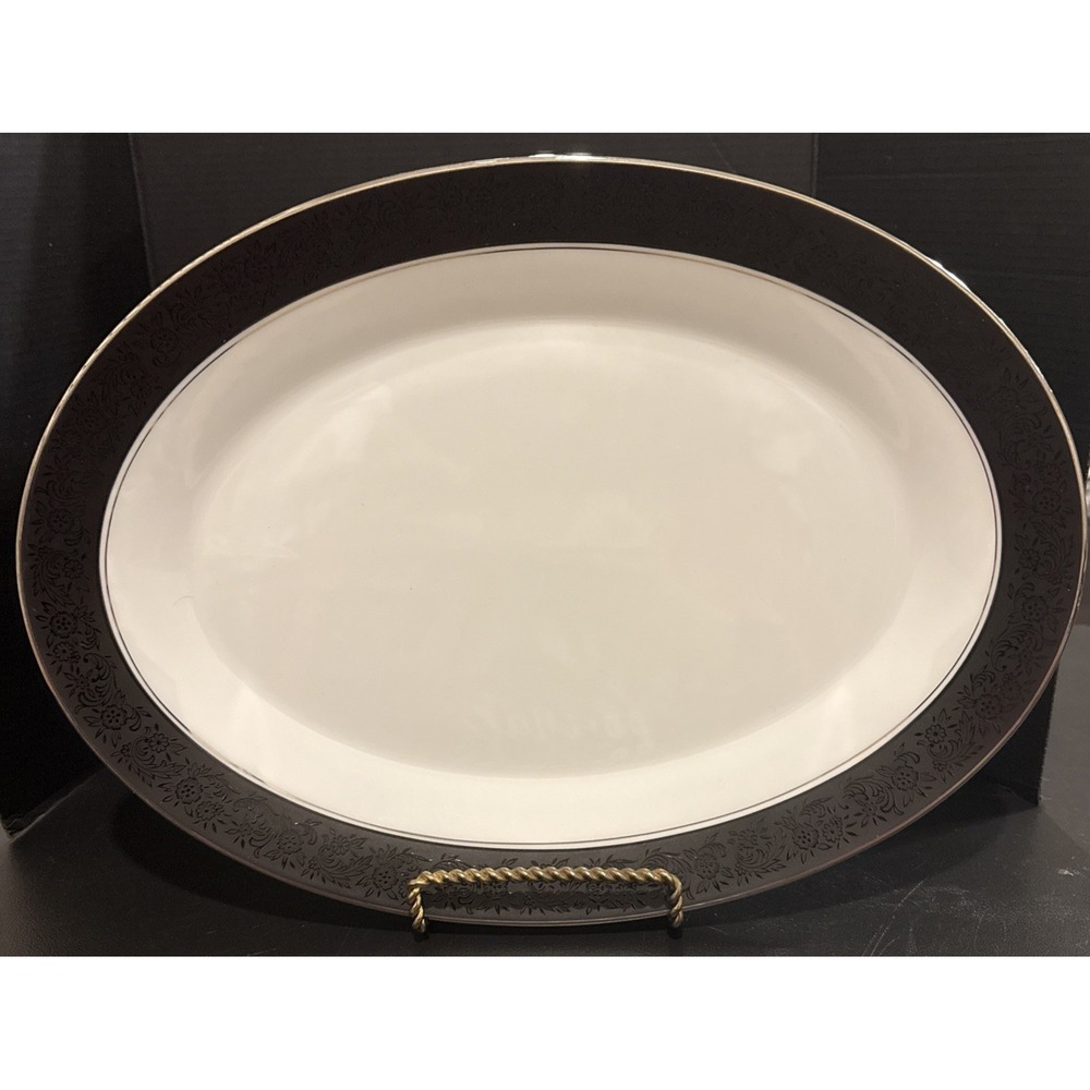Noritake Mirano 6878 Serving Platter Plate Black Floral Trim 14 Inch MCM